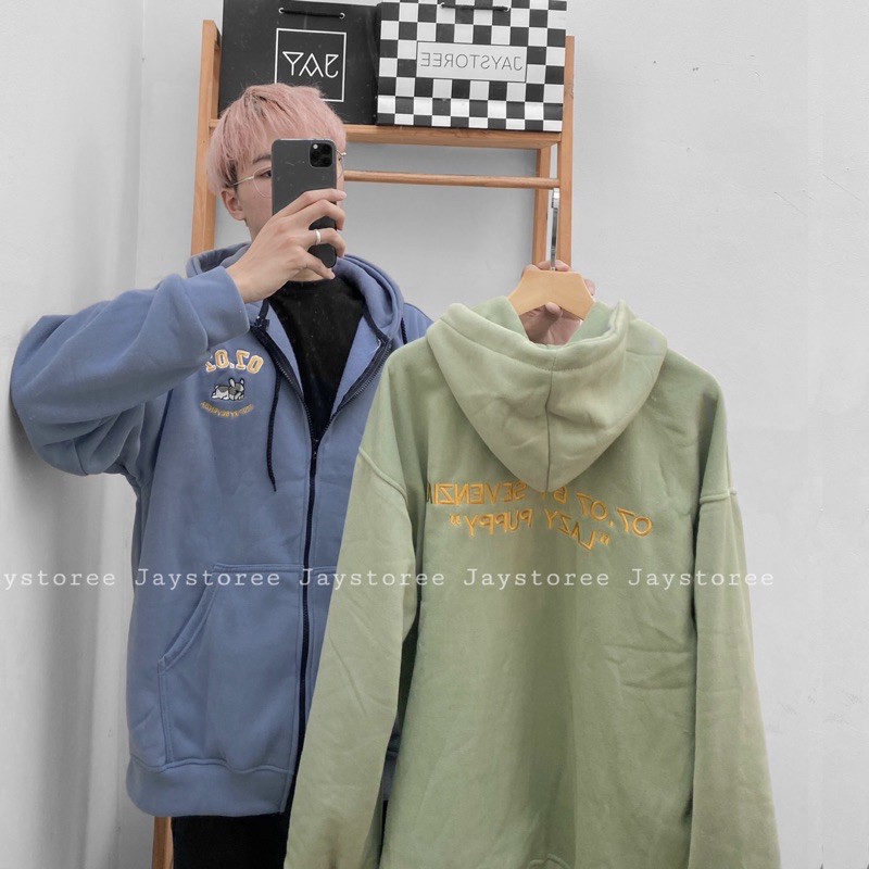 Áo Khoác Hoodie Zip Nỉ Bông 07.07 màu Xanh xám/Nam nữ Unisex/FREESHIP