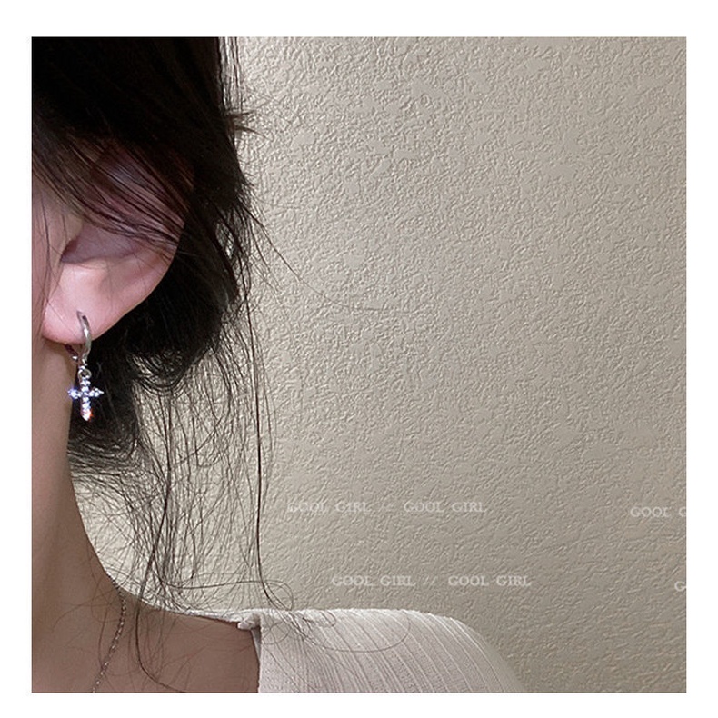 Bông Tai Hình Chữ Thập Bằng Bạc 925 Thời Trang Phong Cách Nhật Hàn Dành Cho Nữ/Bông tai chữ thập đính đá tròn thánh giá nam nữ