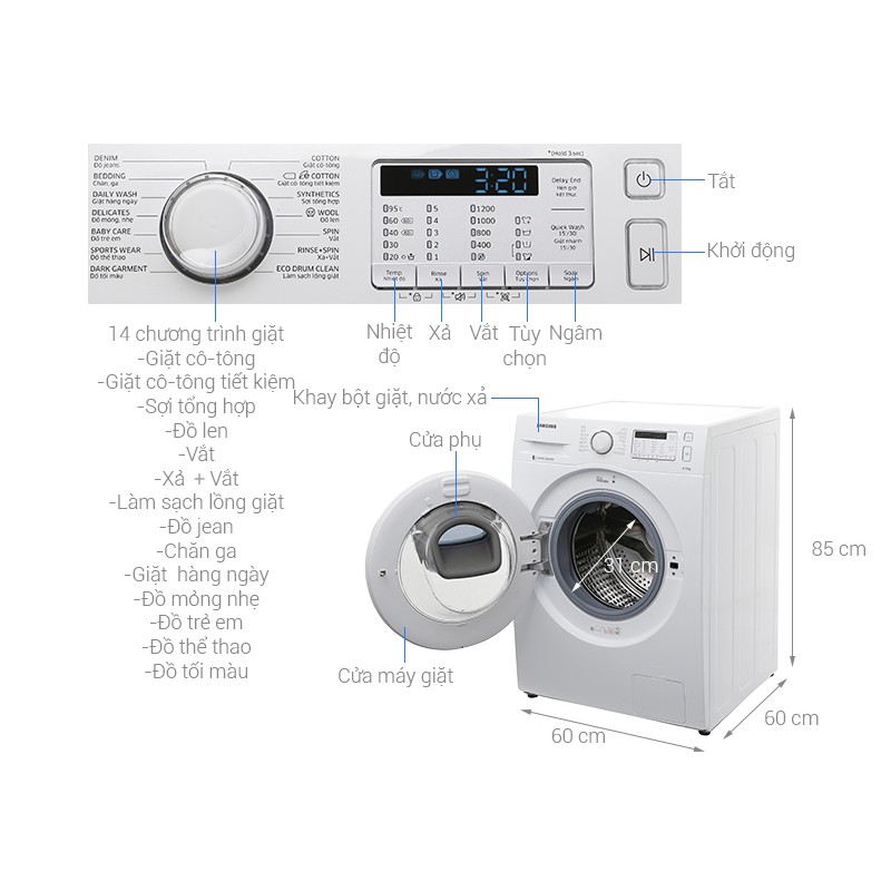 Máy giặt Samsung AddWash Inverter 8 kg WW80K5233YW/SV (Hàng trưng bày)