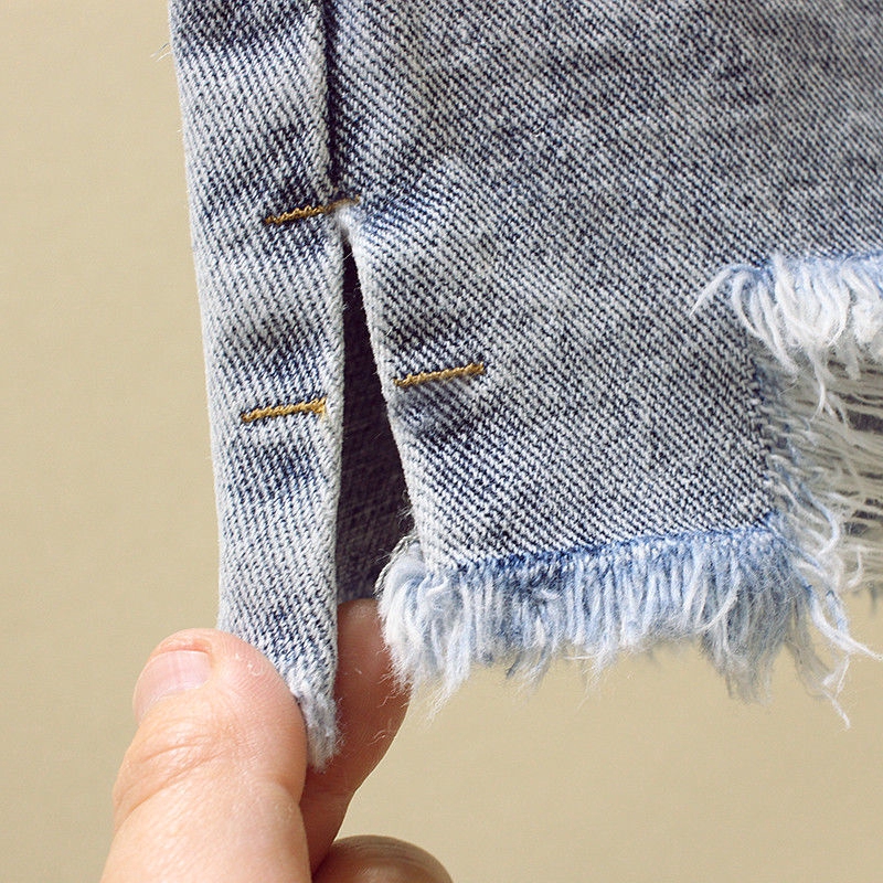 Quần short denim SUXI lưng cao ống rộng phối rách cá tính phong cách Hàn Quốc