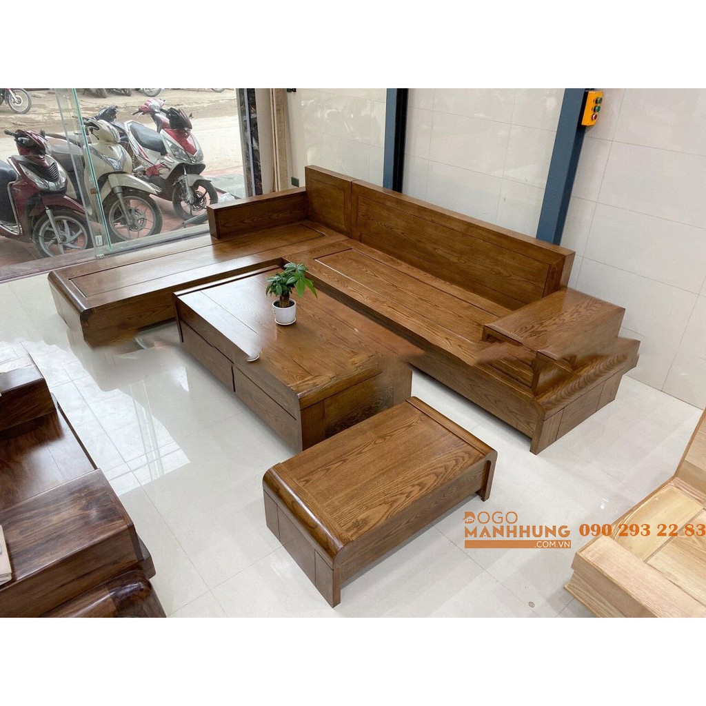 Bộ bàn ghế sofa góc gỗ sồi góc L màu óc chó MS 15