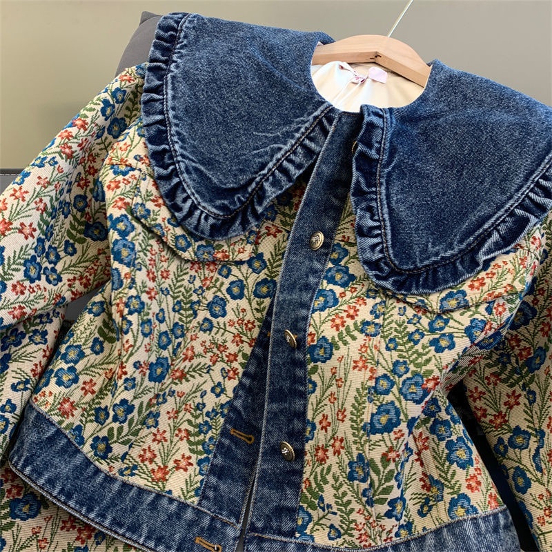 Set Áo Cổ Búp Bê + Chân Váy Denim In Hoa Thời Trang Mùa Thu Phong Cách Mới Cho Nữ
