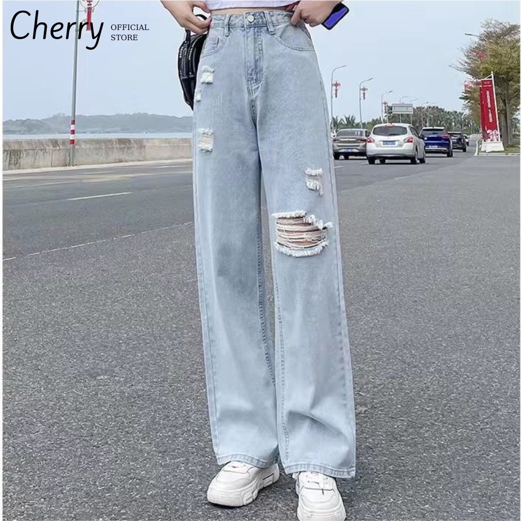 Quần bò nữ rách gối baggy ống suông rộng, quần jean baggy màu xanh nhạt cá tính năng động Cherry T058 | BigBuy360 - bigbuy360.vn