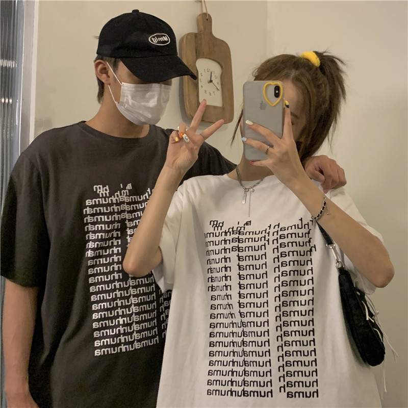 Korean New English Printing Casual Loose Round Neck T-shirt for Couples