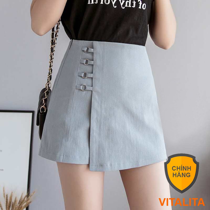 Quần giả váy nữ vạt lệch dáng chữ A - Màu Đen / Xanh ghi / Trắng / Kem - Phối khuyên tròn xinh xắn | BigBuy360 - bigbuy360.vn