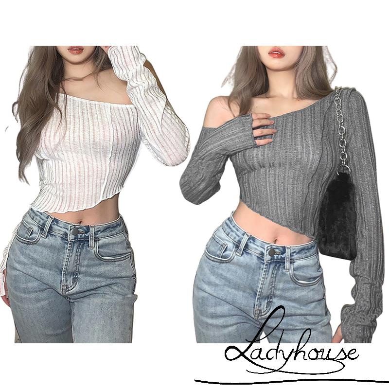 Áo Croptop Tay Dài Màu Trơn Dáng Ôm Thiết Kế Độc Đáo Thời Trang Quyến Rũ Cho Nữ