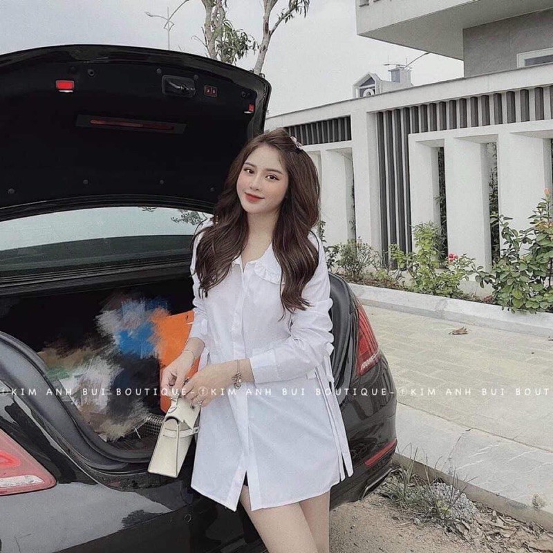 [Mã WAMT10K giảm 10k cho đơn 0k] Áo sơmi dáng dài, áo cổ thuyền viền bèo thắt nơ 2 bên(kèm video ảnh thật) 100k