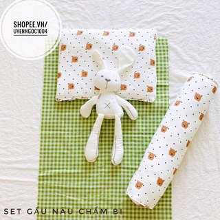 Set gối đầu + gối ôm sơ sinh họa tiết gấu nâu chấm bi vải xô muslin cao cấp