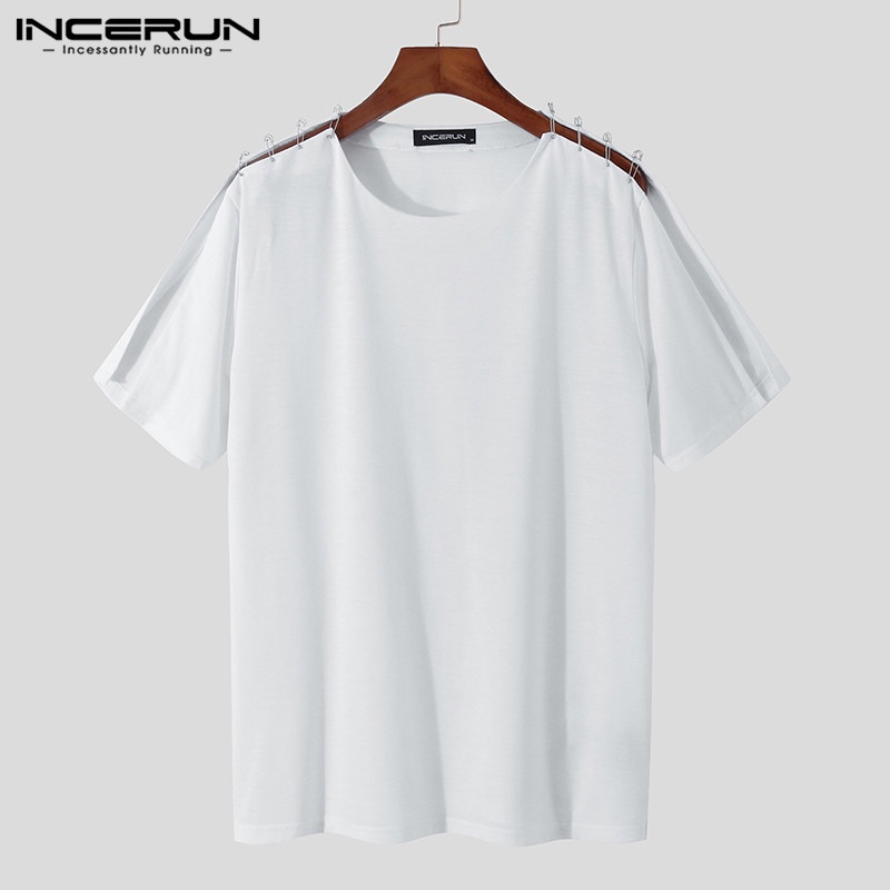 INCERUN Áo Thun Tay Ngắn Màu Trắng Thiết Kế Xẻ Tà Thời Trang Cho Nam