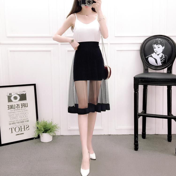Spot free shipping girls bag hip skirt Korean fashion high waist sexy see-through black gauze mesh a-line | BigBuy360 - bigbuy360.vn