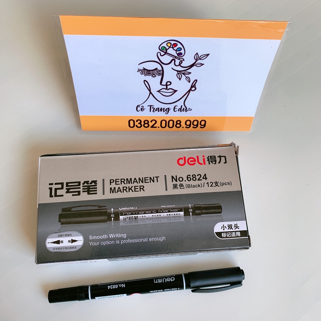 ✨ BÚT LÔNG DẦU ĐI NÉT ĐEN TRANH VẼ, 2 ĐẦU ✨ Ngòi Nhỏ - Bút Đánh Dấu Deli 6824