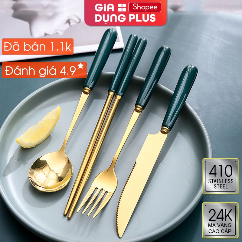 Bộ Đũa, Thìa, Nĩa, Dao Bít Tết Inox 410 Tay Cầm Cán Sứ Màu Xanh Ngọc Mạ Vàng 24K Cao Cấp