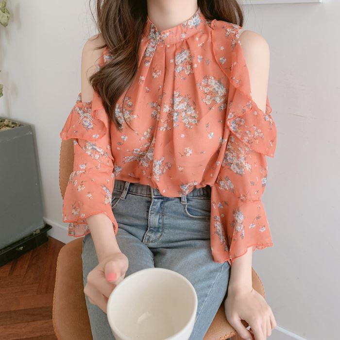 Áo chiffon trễ vai Xiaozhainv tay loe họa tiết hoa phong cách Pháp thời trang cho nữ