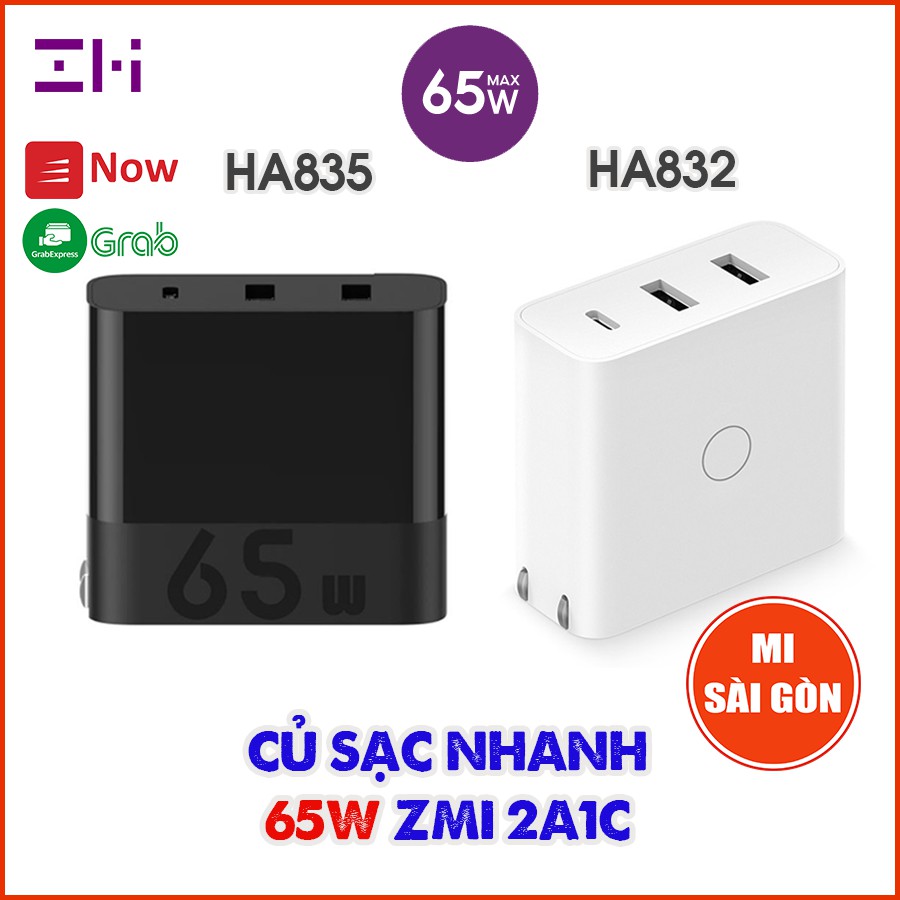 Củ sạc nhanh ZMI HA835 65W (2A1C) / HA832, Hỗ trợ sạc iPad, iPhone, Máy tính xách tay, Điện thoại