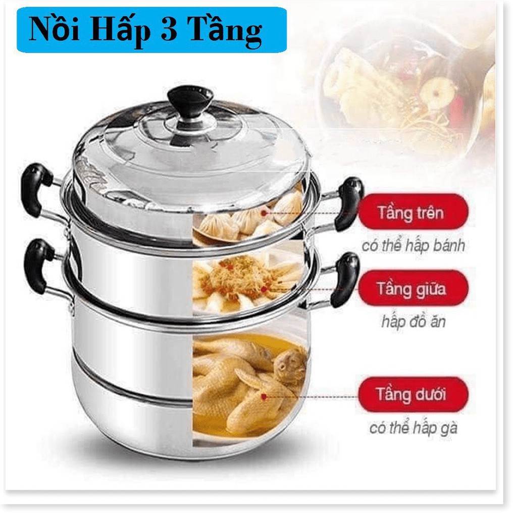 Nồi hấp inox đa năng 2 tầng 3 đáy cao cấp, Nồi hấp 3 tầng đường kính 28cm