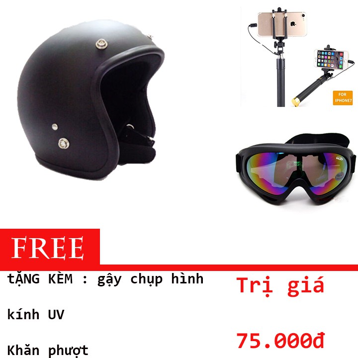 Bộ Mũ Bảo Hiểm Phượt 3/4 Đầu Tặng Kèm :Gậy Chụp Ảnh+Khăn Phượt Thủ+Kính UV