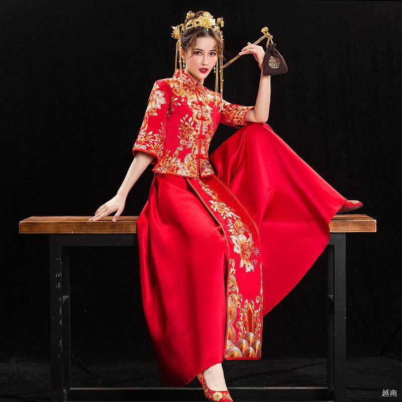 ☜▥Xiuhe dress cô dâu mới đám cưới Trung Quốc váy mùa xuân và thu áo màu đỏ của nam nữ 2021