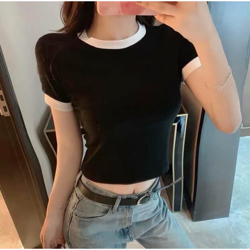 Áo cổ tròn tay ngắn viền