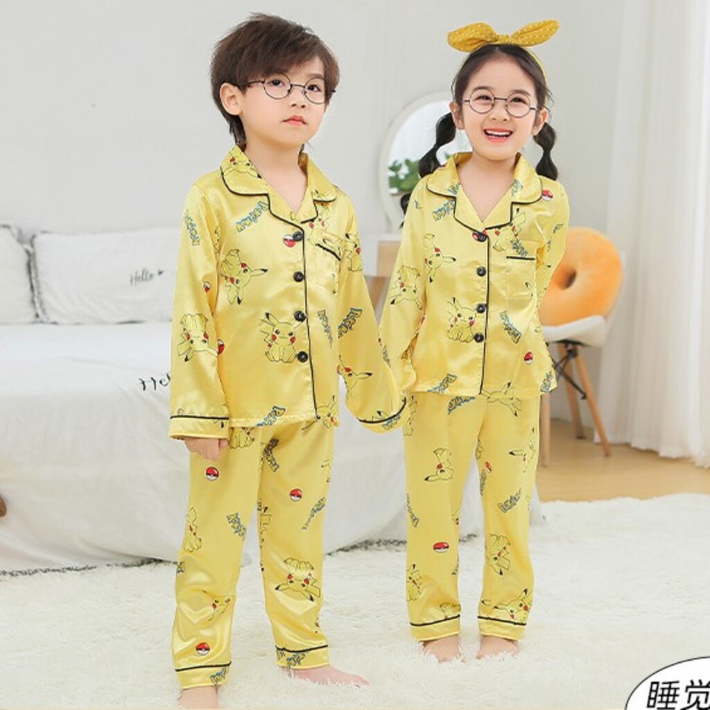 Đồ Ngủ Pijama Lụa In Pikachu Cực Xinh Cho Bé Trai Bé Mặc Đều Xinh, Đồ Bộ Pijama Hình Cho Bé Từ 6-28Kg - SUMO KIDS