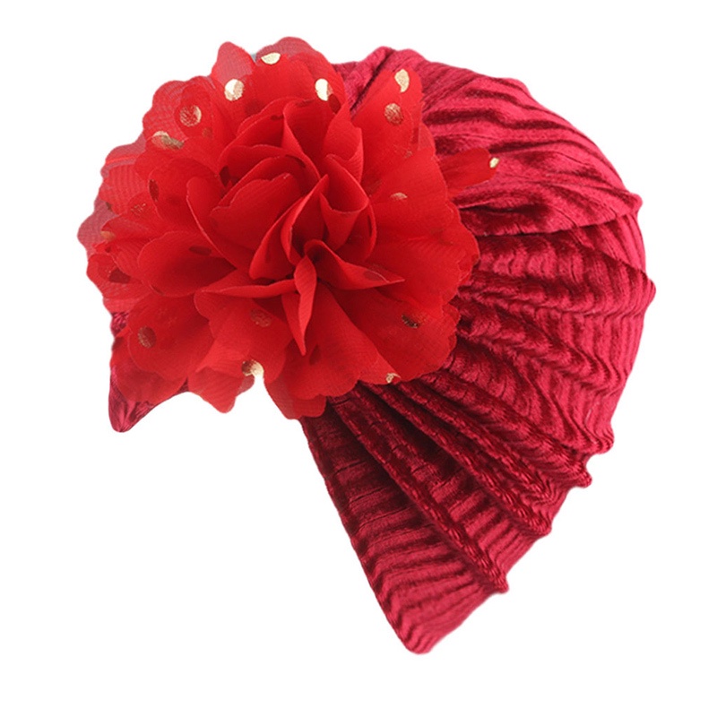 Mũ turban trùm đầu đính hoa to phối kim sa làm phụ kiện chụp ảnh dễ thương cho bé