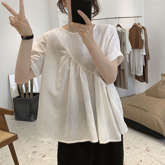 Áo thun tay ngắn cổ tròn dáng rộng phong cách mùa hè thanh lịch cho nữ
