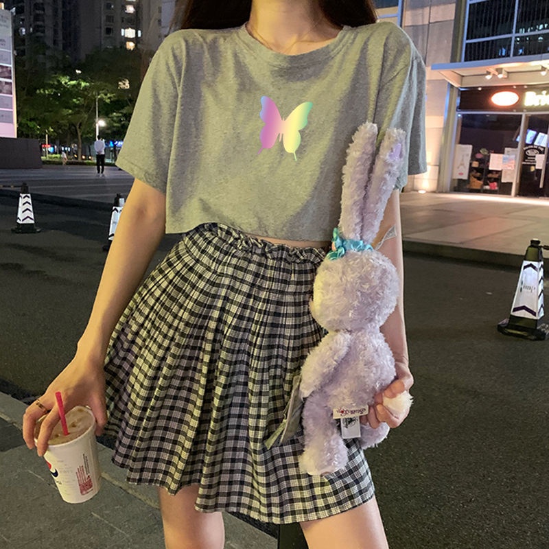 Set Áo Thun Ngắn Tay + Chân Váy Lưng Cao Họa Tiết Sọc Caro Thời Trang Mùa Hè