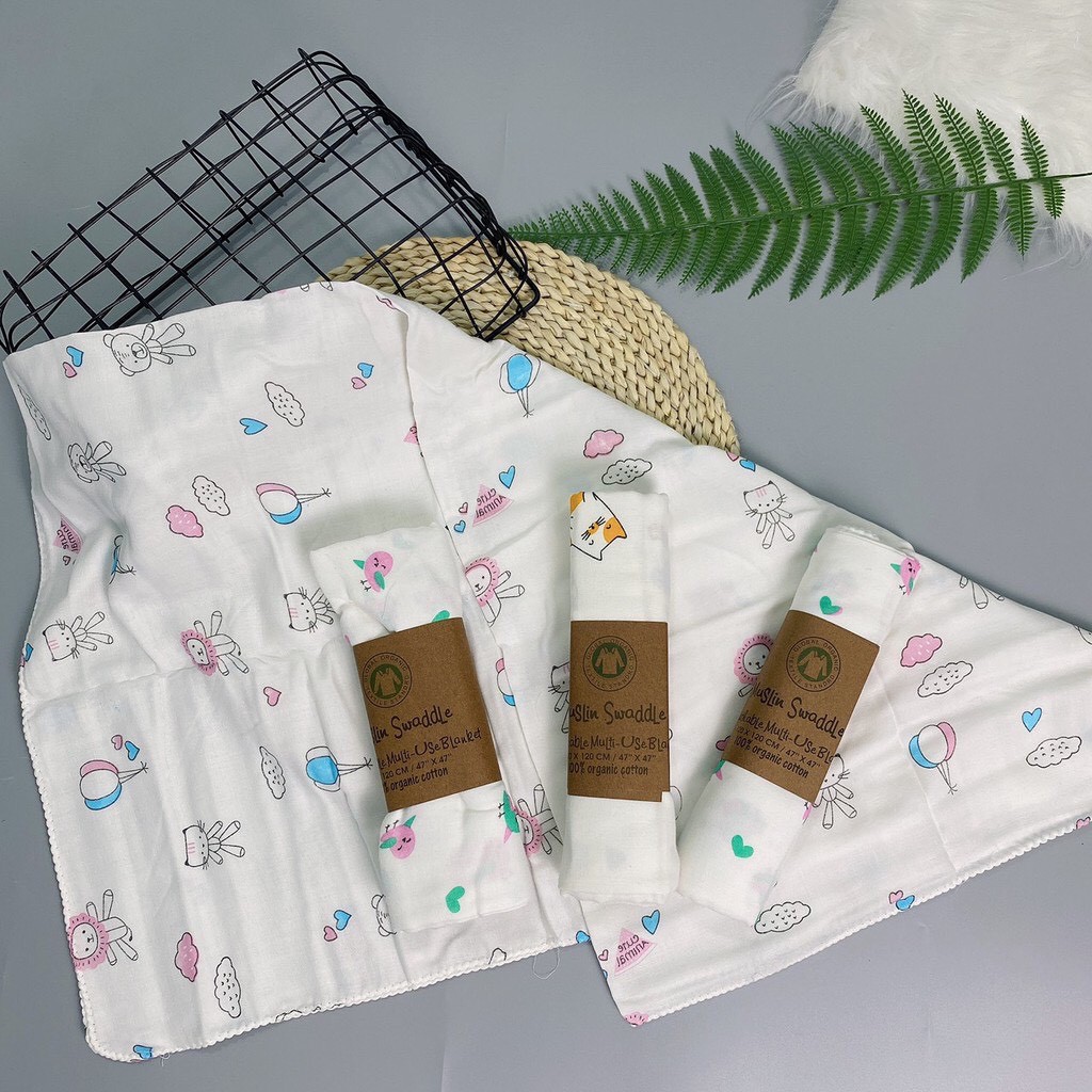 Khăn tắm xô cho bé sơ sinh, khăn quấn em bé Muslin Swaddle Organic cotton