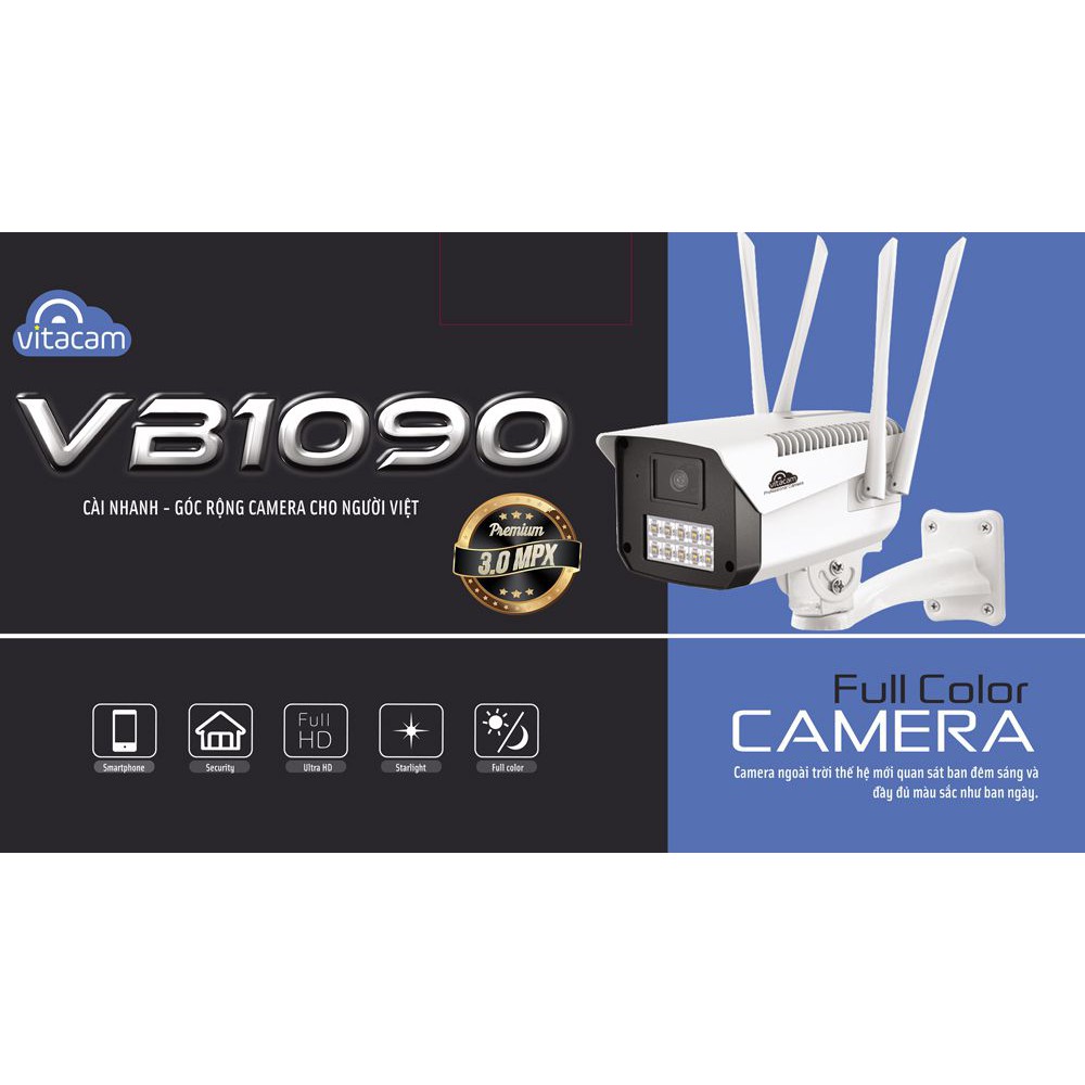 Camera IP Wifi Vitacam VB1090 4 Râu 3.0MPX FullHD+ 1536P, Đèn Starlight màu ban đêm, Xoay 355 độ (Trắng)