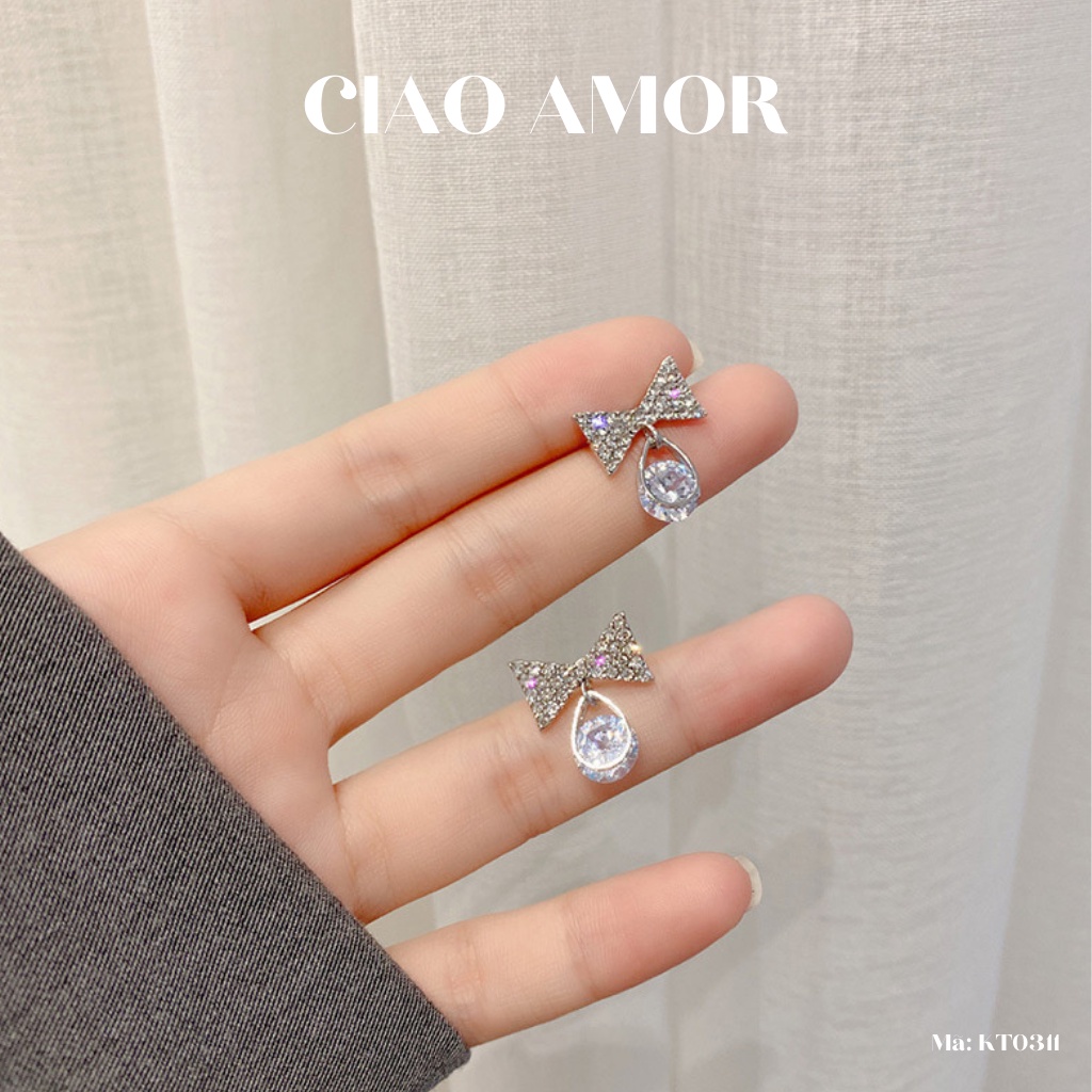 Khuyên tai nữ, Bông tai nữ nụ nơ bạc đính đá to dưới Trang sức Ciao Amor - KT0311