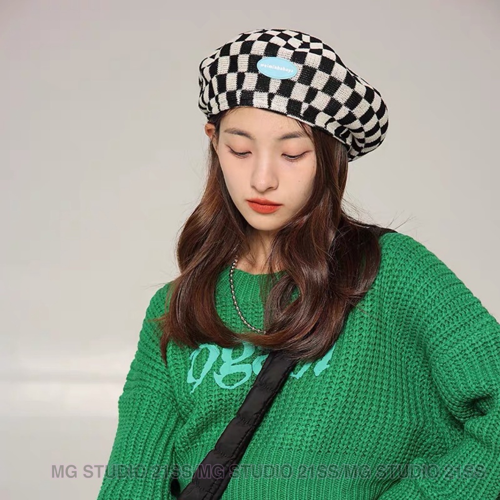 Mũ beret MG STUDIO cotton họa tiết sọc ca rô thời trang