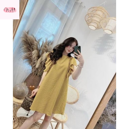Váy bầu , đầm bầu , váy thiết kế tay bèo chất liệu đũi xốp hạt mềm mát thoải mái cho mẹ bầu đi làm