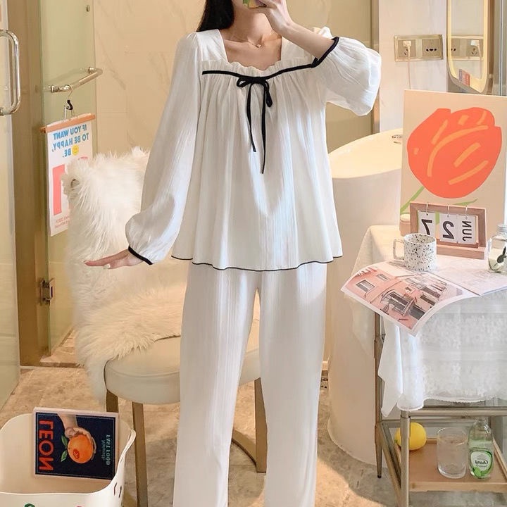 Bộ đồ ngủ tay dài cổ vuông chất liệu cotton thời trang xuân thu mới 2021