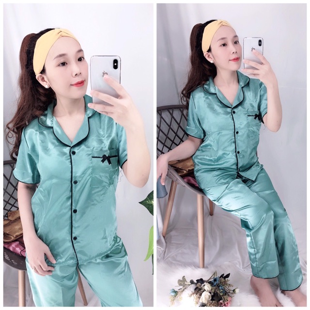 đồ bộ pijama phi lụa mặc nhà dài cộc nơ