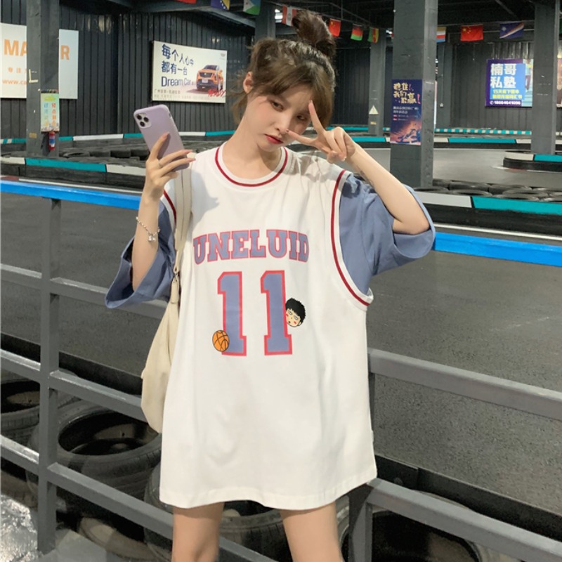 Women's fashion Oversized basketball Fake short-sleeved T-shirt Two-piece top