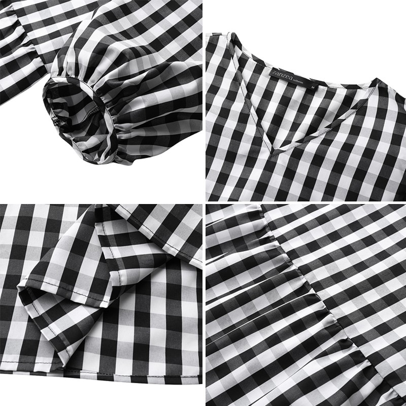 ZANZEA Đầm Nữ Dáng Dài Tay Phồng Họa Tiết Caro Thời Trang | BigBuy360 - bigbuy360.vn