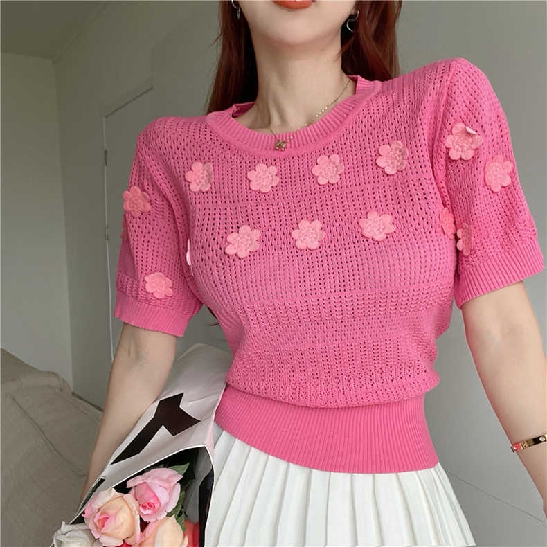 Áo thun ZHELIHANGFEI tay ngắn phồng họa tiết hoa dễ phối đồ thời trang cho nữ