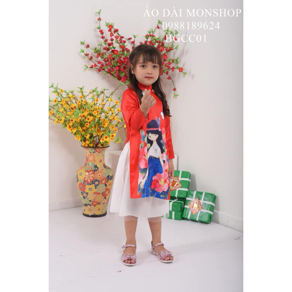 Áo Dài Bé Gái Họa Tiết Công Chúa Vô Cùng Xinh Xắn - Màu Đỏ