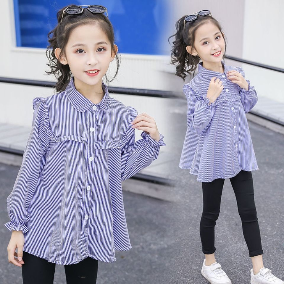 Áo Sơ Mi Dài Tay Phối Bèo Phong Cách Hàn Quốc Cho Bé Gái