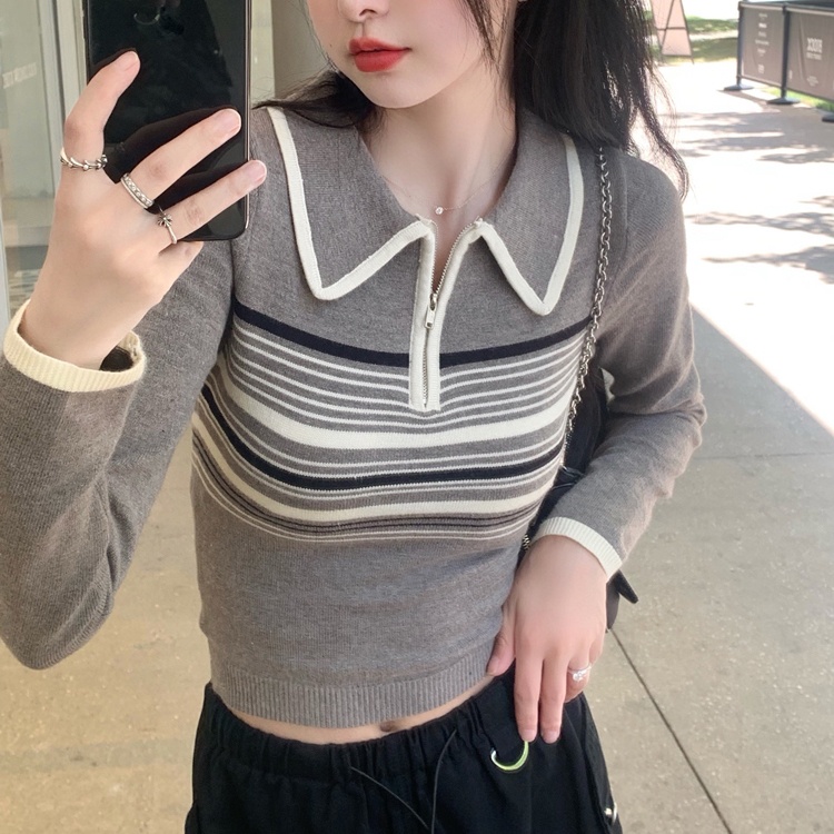 Áo Croptop Dệt Kim Tay Dài Dáng Ôm Phối Khóa Kéo Màu Sắc Tương Phản Kiểu Hàn Quốc Thời Trang Mùa Thu