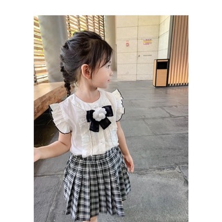 Xả Set áo hoa trà cv kẻ cho bé gái