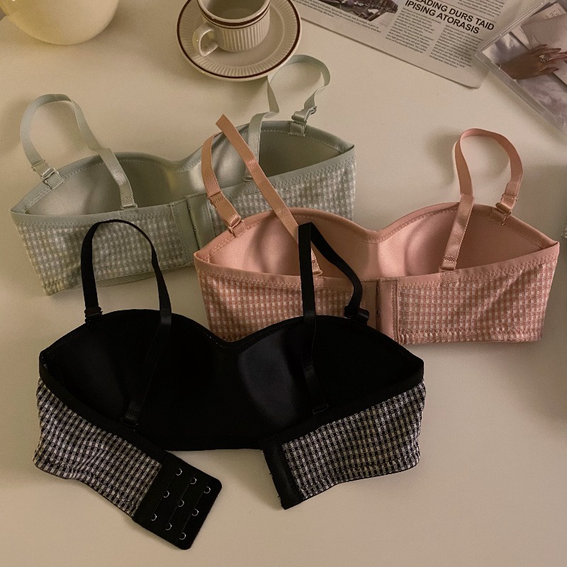 1 Bộ Đồ Lót Nữ Họa Tiết Kẻ Sọc Caro + Áo Ngực Mềm Không Dây Có Thể Tháo Rời | BigBuy360 - bigbuy360.vn