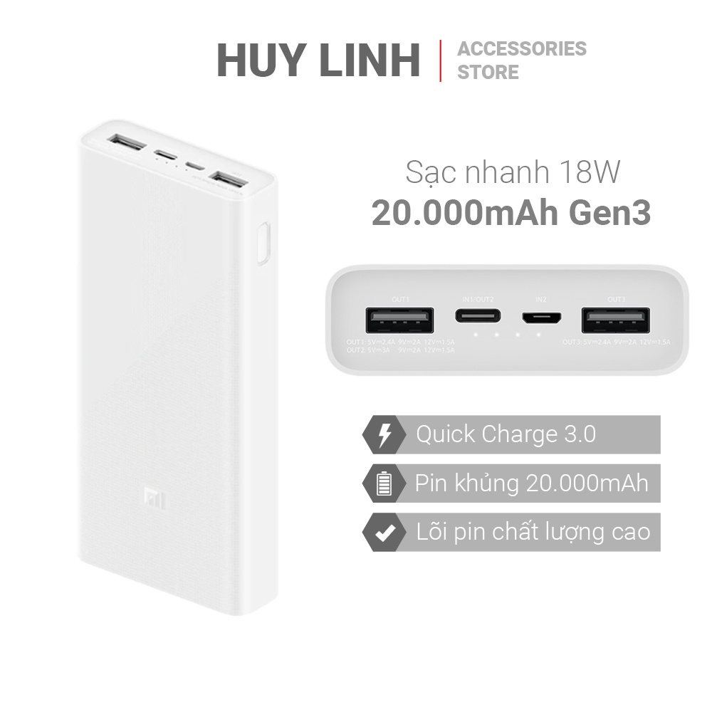 Pin sạc dự phòng Xiaomi Gen 3 dung lượng 20000 mAh | Model PLM18ZM | Hỗ trợ sạc nhanh QC 3.0 và sạc PD 18W (Trắng)