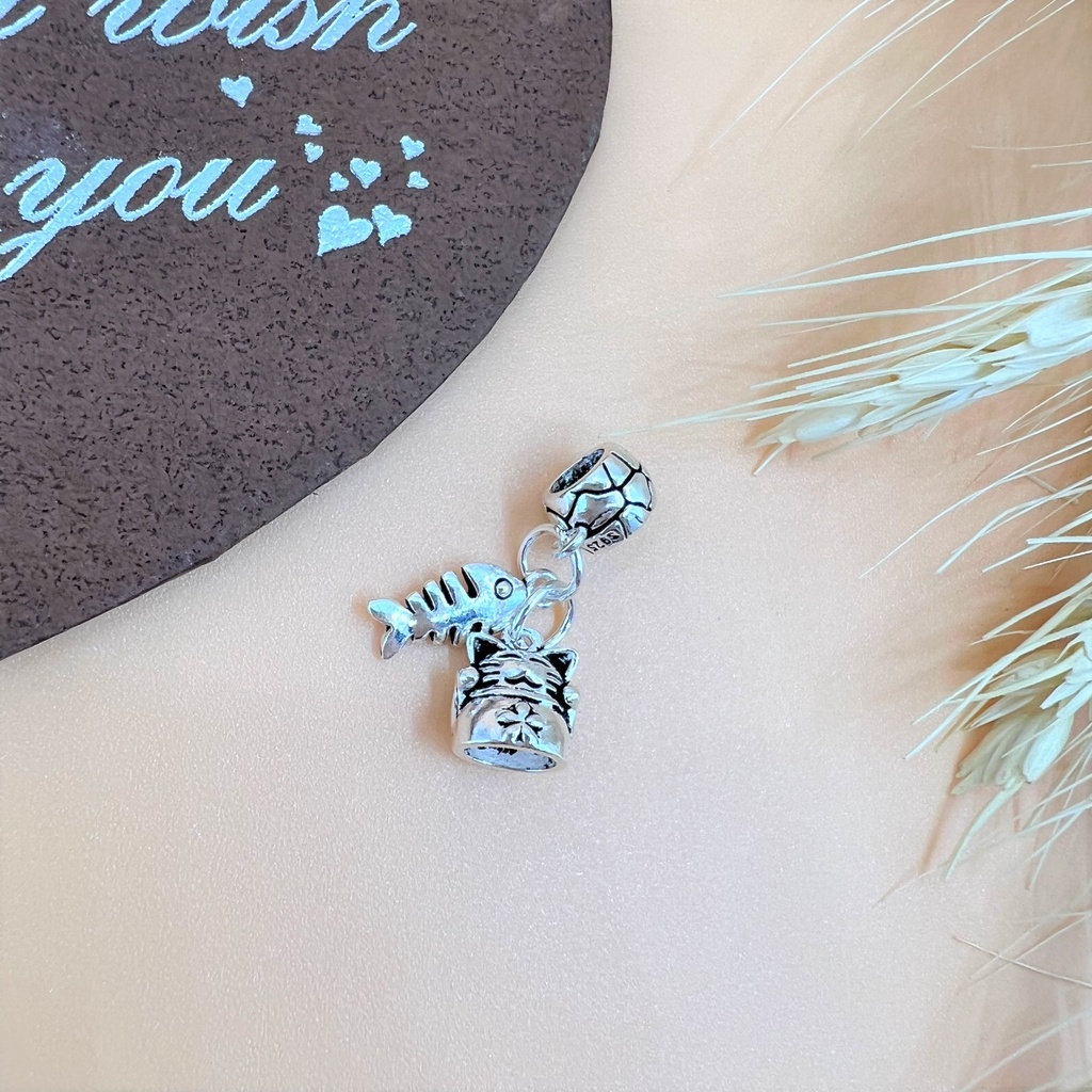 Charm móc treo lỗ lớn mèo và xương cá - Charm Bạc 925 - Mã CA805