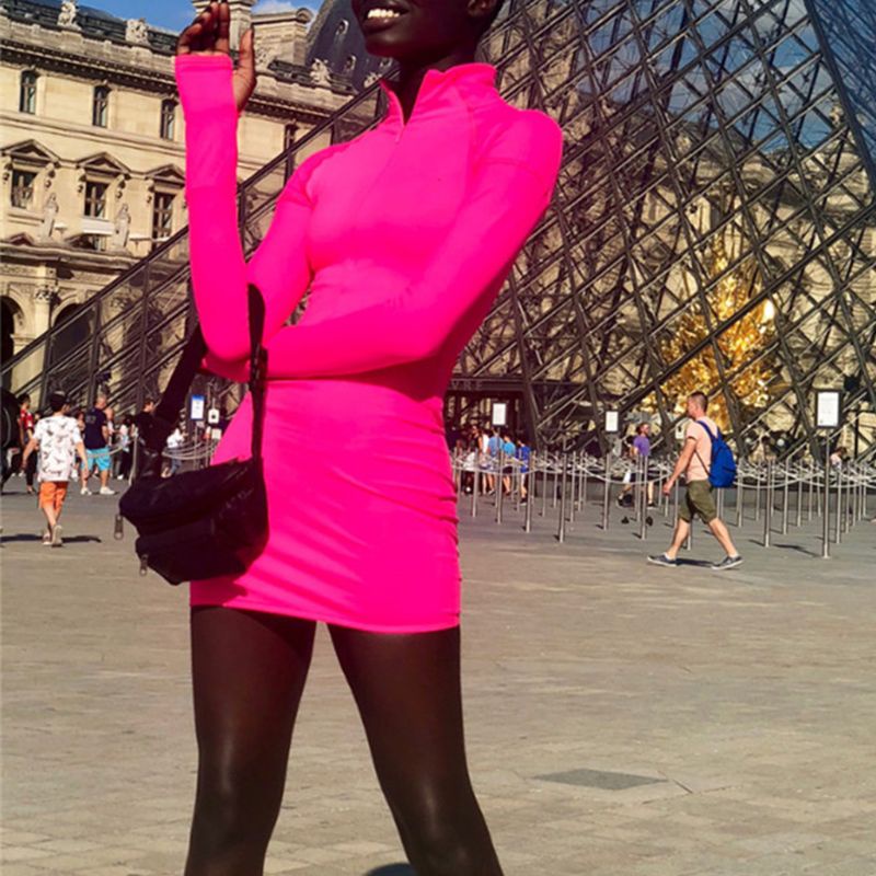 Xiangbao Đầm Bodycon Tay Dài Cổ Lọ Có Dây Kéo Màu Dạ Quang Gợi Cảm Cho Nữ