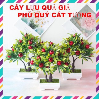Cây Lựu Bonsai - Chậu Cây Lựu Giả Quả Đỏ Phú Quý Cát Tường trang trí - Sản phẩm gồm cả Chậu và Cây cảnh