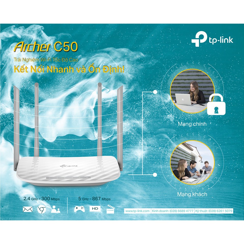 Router Wifi Băng Tần Kép AC1200 TP-Link Archer C50 - Hàng Chính Hãng
