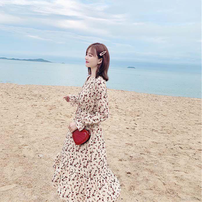 Đầm Nữ Dài Tay Cổ Chữ V In Hoa Thời Trang Hàn