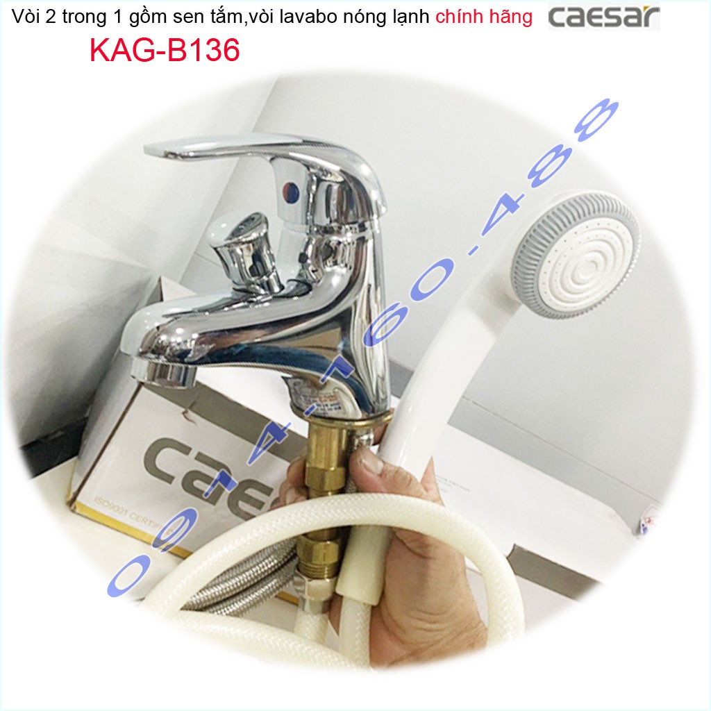 Vòi lavabo kết hợp sen tắm nóng lạnh Caesar KAG-B136, Vòi sen và chậu rửa vừa tắm vừa rửa tay cho homestay nhà tắm nhỏ