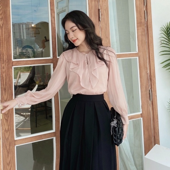 Áo Sơ Mi Tơ Thiết Kế 2 Lớp Cổ Bèo Nhún Cách Điệu Công Sở ROSARA AM11