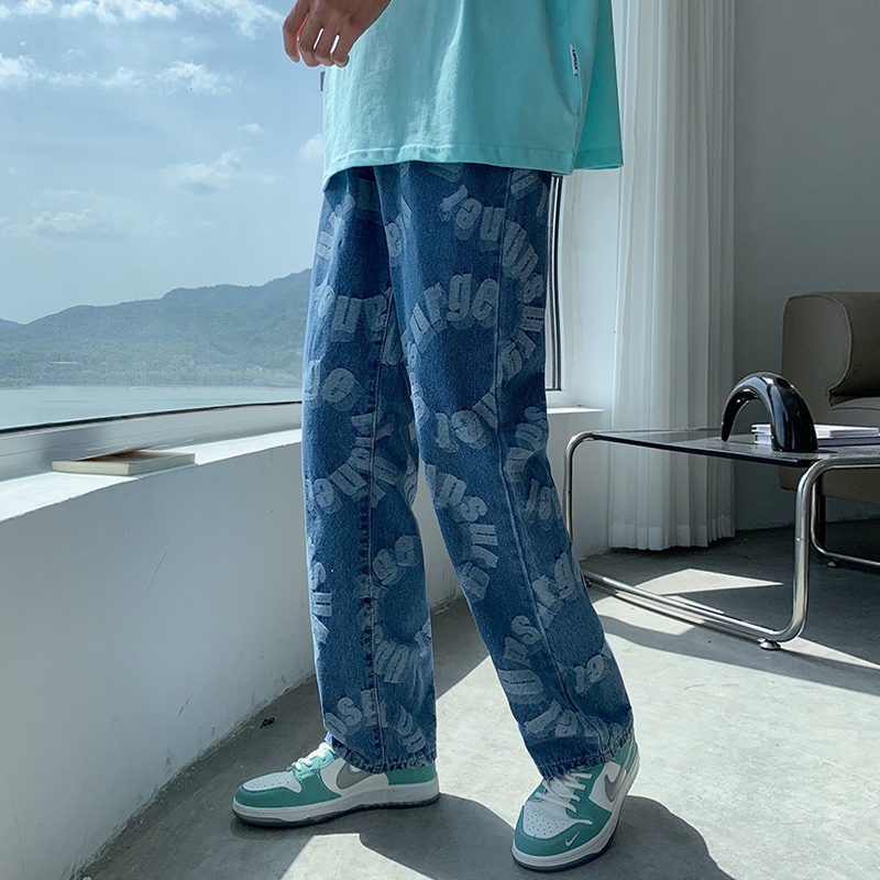 Quần Jean Dài Ống Rộng Phong Cách Hip Hop Đường Phố Mỹ Cá Tính Cho Nam